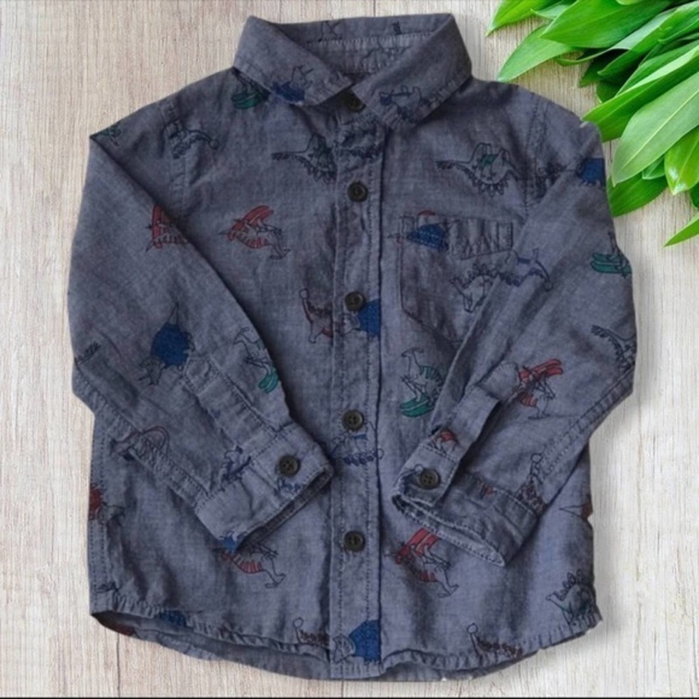 Cat & Jack Holiday Lights Dino Denim Collar Shirt